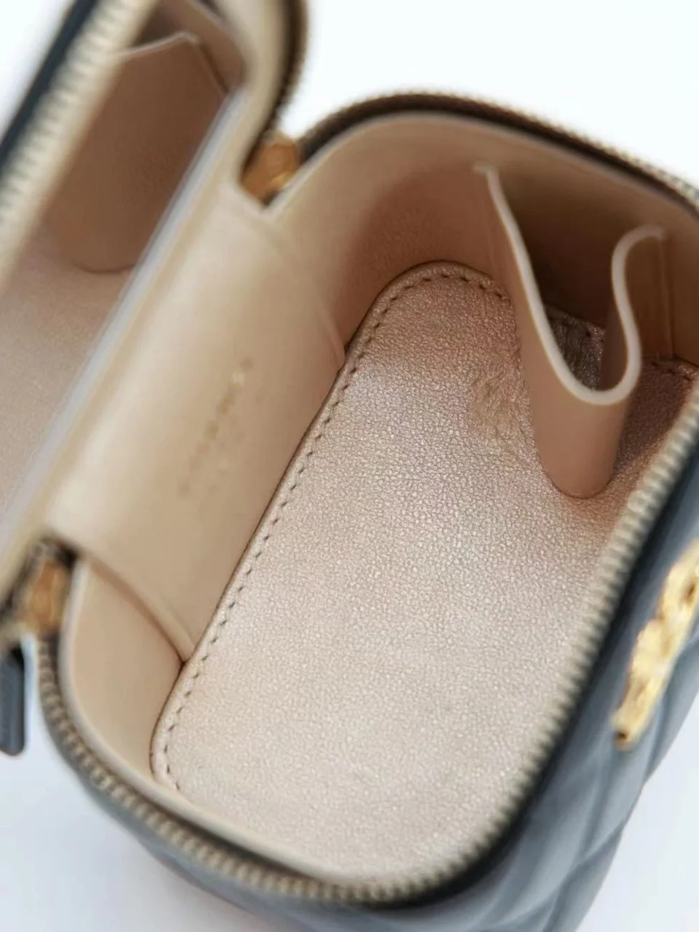 CHANEL Black Quilted Lambskin Mini Vanity Case with Gold Carving CC
